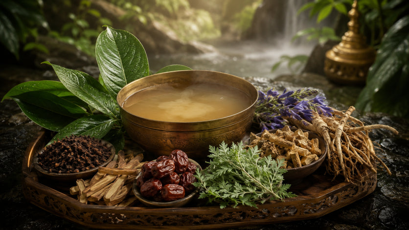 A seven-herb Siam infusion: guava leaf, clove bud, licorice, jujube, artemisia, scutellaria and mulberry root