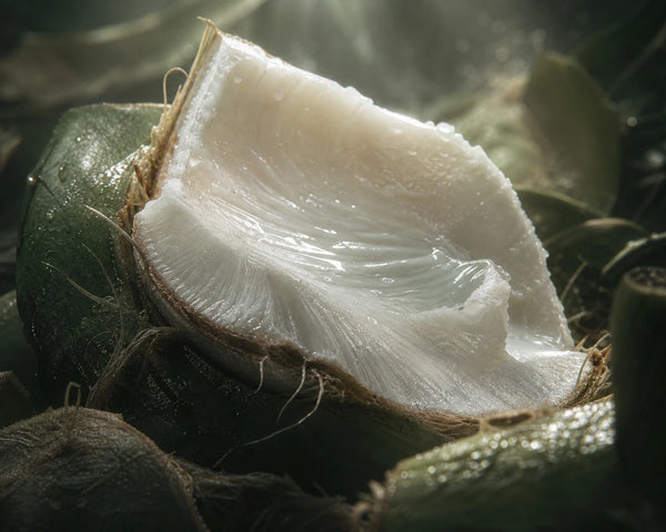 Coconut (Cocos nucifera) cracked open in rainforest mist