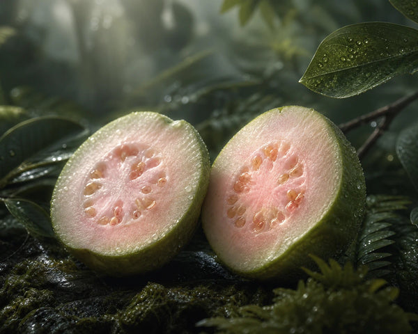 Guava (Psidium guajava) halves with rainforest leaves