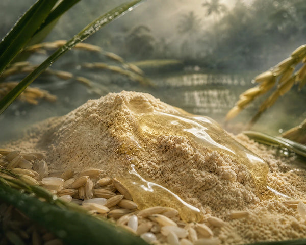 Rice bran (Oryza sativa) with rice grains and paddy